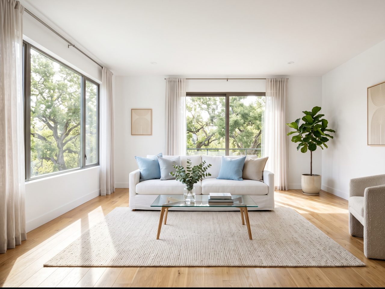 A bright, freshly cleaned living room with a white sofa, soft blue cushions, light oak floors and big sunny windows